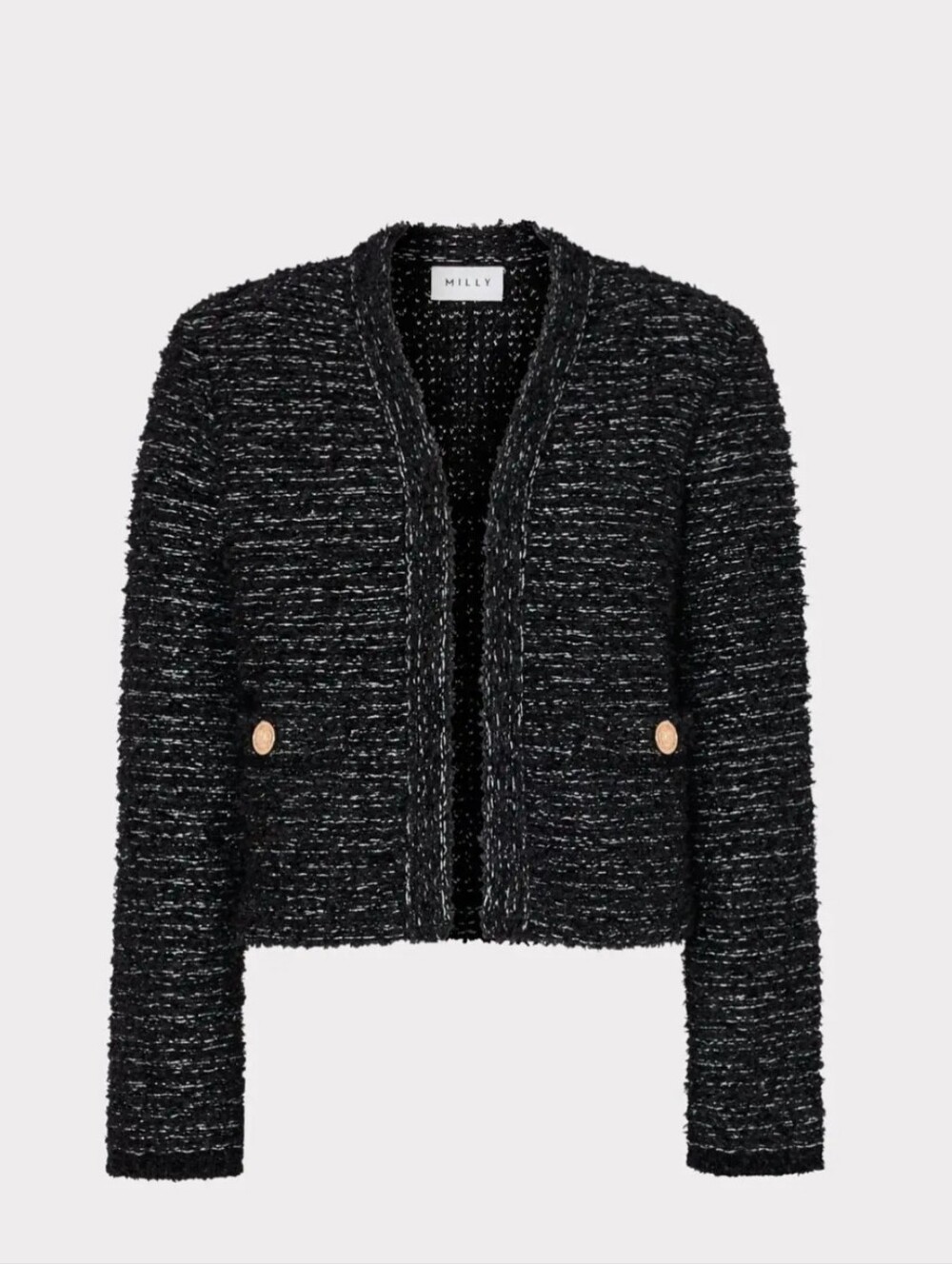 Milly Black Tweed Open-Front Cardigan Jacket with Gold Buttons